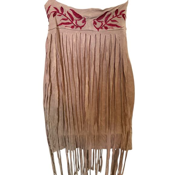 POL Beige Fringe Suede Boho Adj Straps Red Embroidery Bodice Dress L - Picture 8 of 11